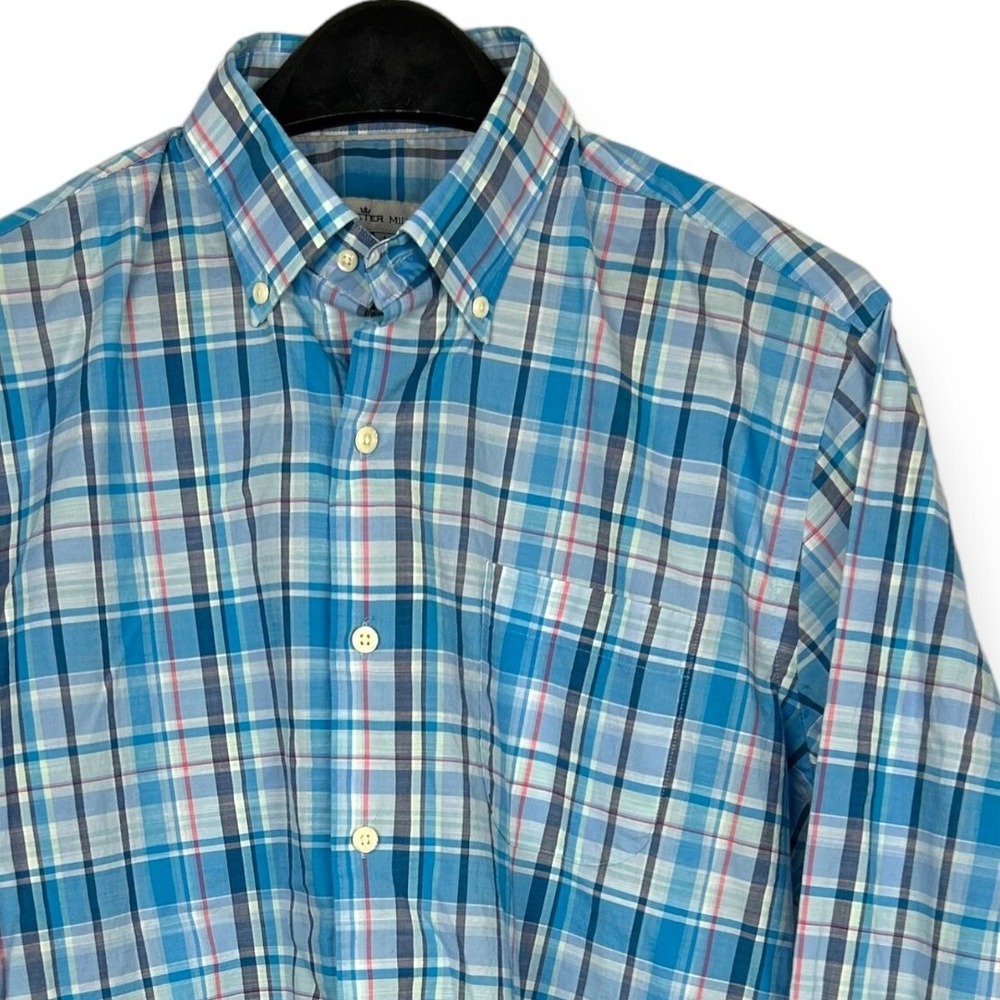Peter Millar Mens Medium Blue Plaid Long Sleeve Button Down Stretch Cotton Shirt
